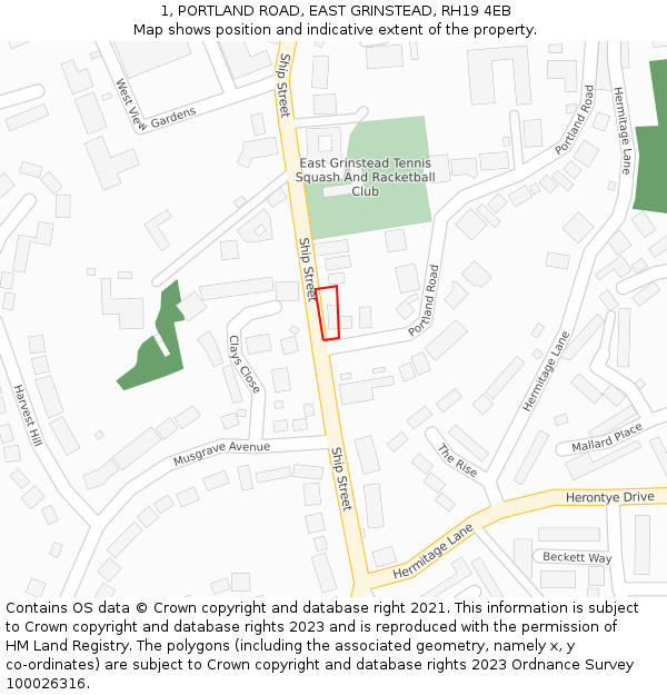 1, PORTLAND ROAD, EAST GRINSTEAD, RH19 4EB: Location map and indicative extent of plot