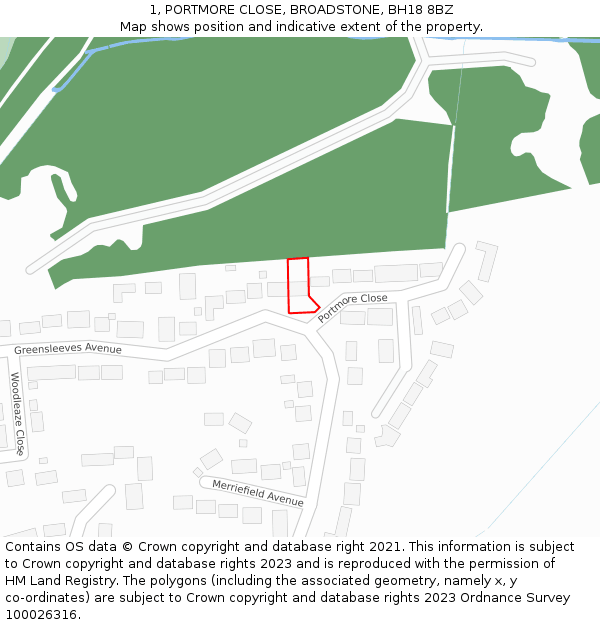 1, PORTMORE CLOSE, BROADSTONE, BH18 8BZ: Location map and indicative extent of plot