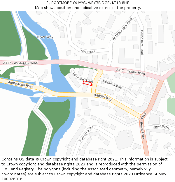 1, PORTMORE QUAYS, WEYBRIDGE, KT13 8HF: Location map and indicative extent of plot