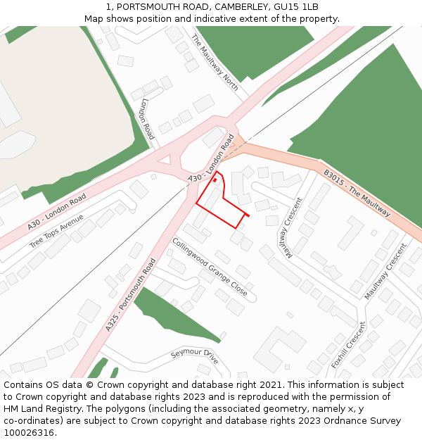 1, PORTSMOUTH ROAD, CAMBERLEY, GU15 1LB: Location map and indicative extent of plot