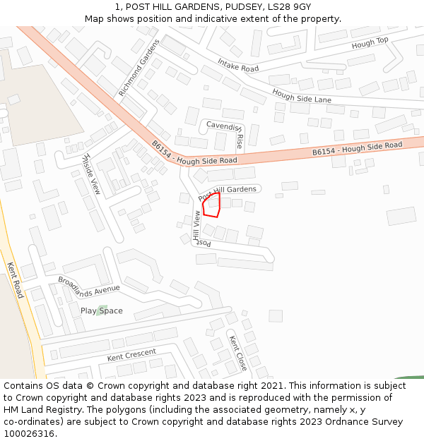 1, POST HILL GARDENS, PUDSEY, LS28 9GY: Location map and indicative extent of plot