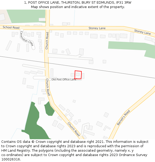 1, POST OFFICE LANE, THURSTON, BURY ST EDMUNDS, IP31 3RW: Location map and indicative extent of plot