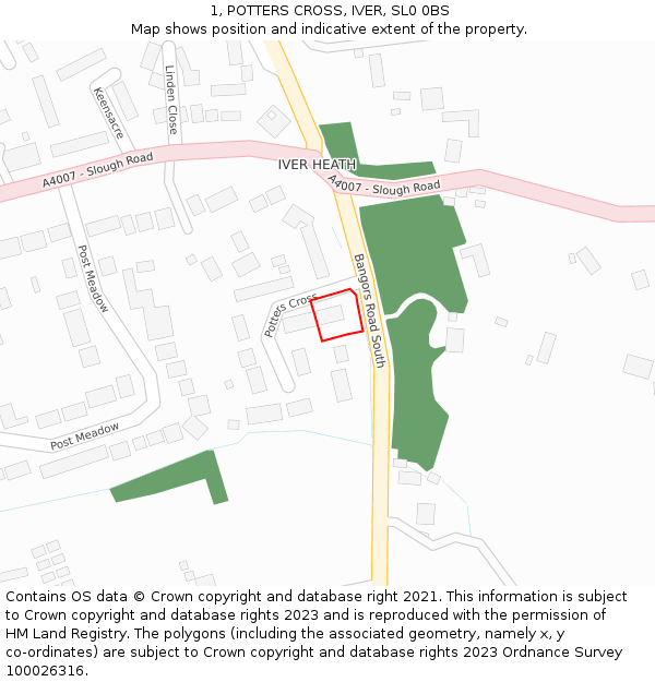 1, POTTERS CROSS, IVER, SL0 0BS: Location map and indicative extent of plot