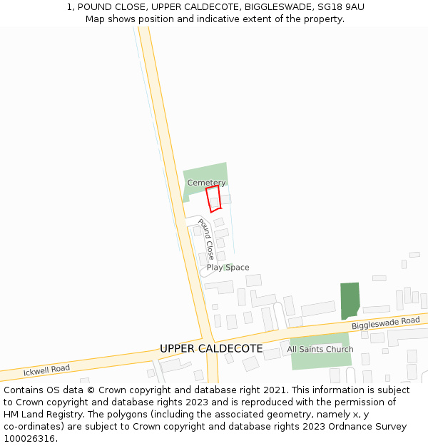 1, POUND CLOSE, UPPER CALDECOTE, BIGGLESWADE, SG18 9AU: Location map and indicative extent of plot