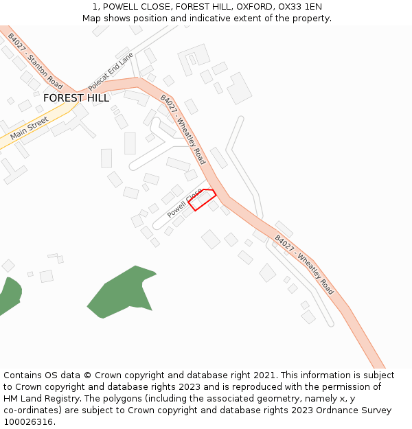 1, POWELL CLOSE, FOREST HILL, OXFORD, OX33 1EN: Location map and indicative extent of plot