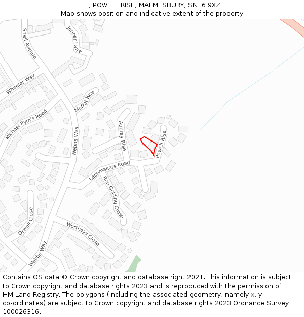 1, POWELL RISE, MALMESBURY, SN16 9XZ: Location map and indicative extent of plot