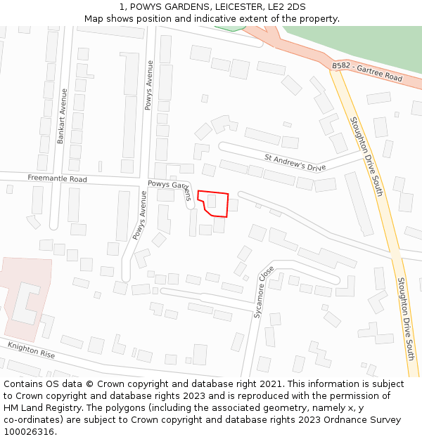 1, POWYS GARDENS, LEICESTER, LE2 2DS: Location map and indicative extent of plot