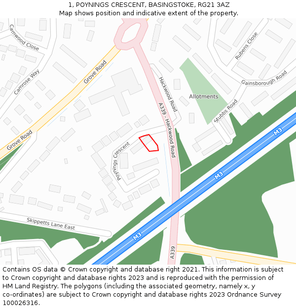 1, POYNINGS CRESCENT, BASINGSTOKE, RG21 3AZ: Location map and indicative extent of plot