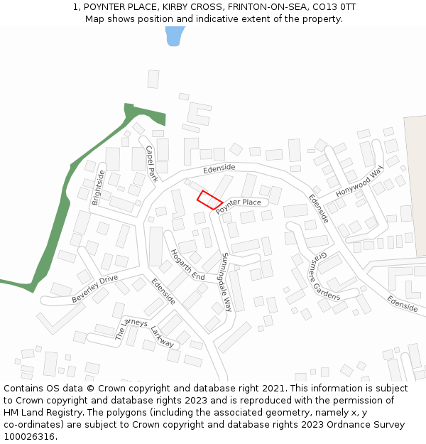 1, POYNTER PLACE, KIRBY CROSS, FRINTON-ON-SEA, CO13 0TT: Location map and indicative extent of plot