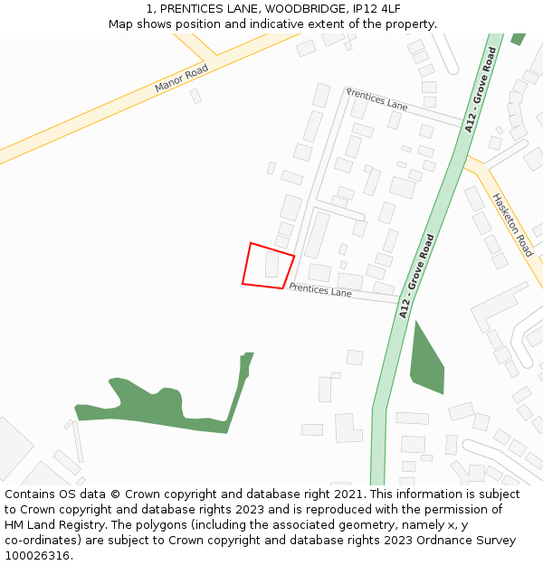 1, PRENTICES LANE, WOODBRIDGE, IP12 4LF: Location map and indicative extent of plot
