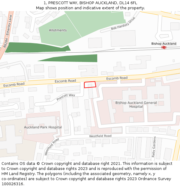1, PRESCOTT WAY, BISHOP AUCKLAND, DL14 6FL: Location map and indicative extent of plot
