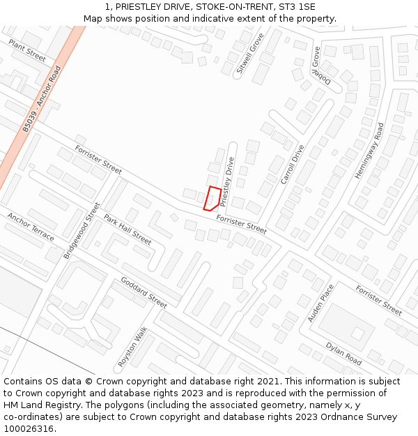 1, PRIESTLEY DRIVE, STOKE-ON-TRENT, ST3 1SE: Location map and indicative extent of plot