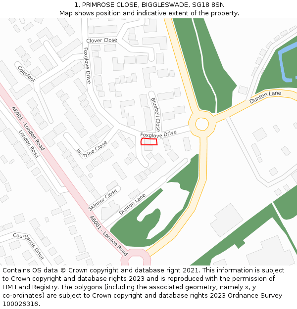 1, PRIMROSE CLOSE, BIGGLESWADE, SG18 8SN: Location map and indicative extent of plot