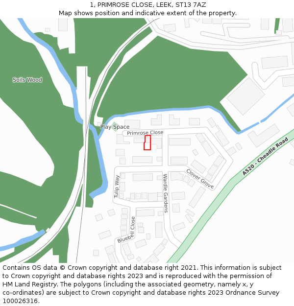 1, PRIMROSE CLOSE, LEEK, ST13 7AZ: Location map and indicative extent of plot