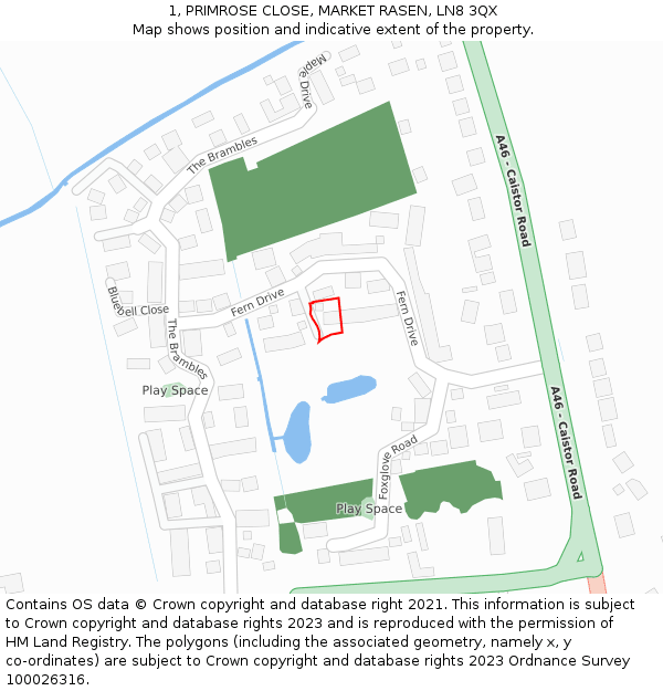 1, PRIMROSE CLOSE, MARKET RASEN, LN8 3QX: Location map and indicative extent of plot