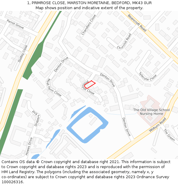 1, PRIMROSE CLOSE, MARSTON MORETAINE, BEDFORD, MK43 0UR: Location map and indicative extent of plot