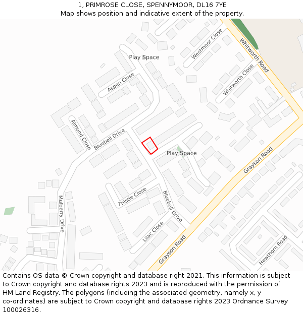 1, PRIMROSE CLOSE, SPENNYMOOR, DL16 7YE: Location map and indicative extent of plot