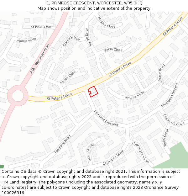 1, PRIMROSE CRESCENT, WORCESTER, WR5 3HQ: Location map and indicative extent of plot