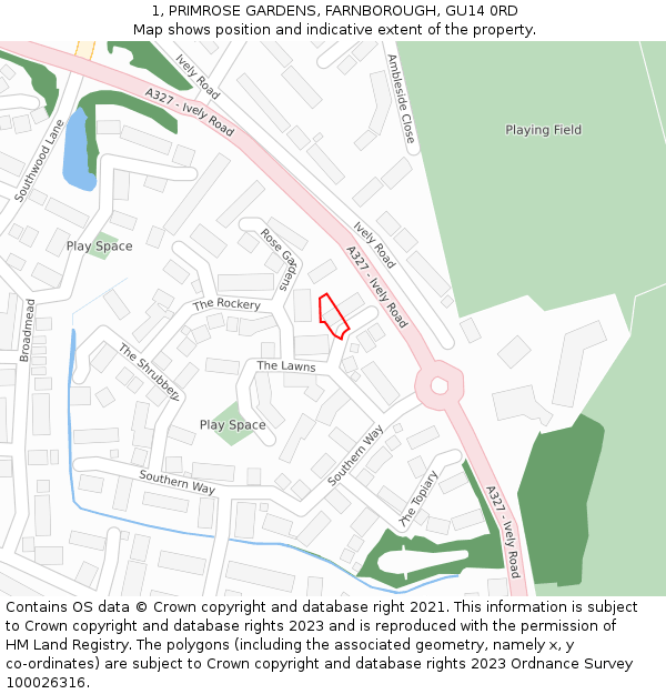 1, PRIMROSE GARDENS, FARNBOROUGH, GU14 0RD: Location map and indicative extent of plot