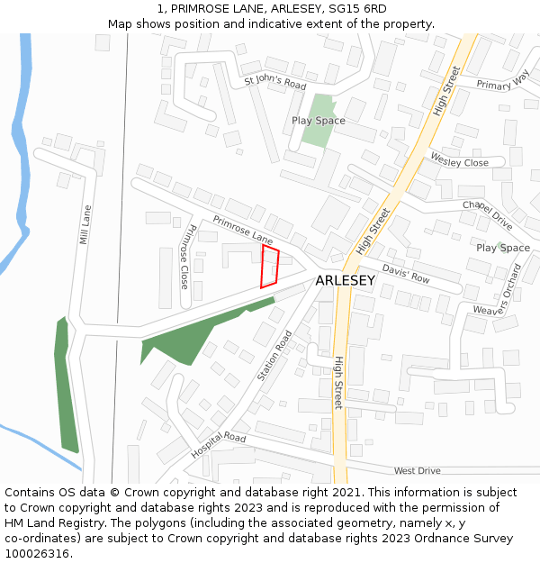 1, PRIMROSE LANE, ARLESEY, SG15 6RD: Location map and indicative extent of plot