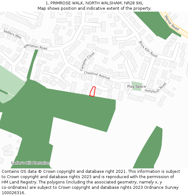 1, PRIMROSE WALK, NORTH WALSHAM, NR28 9XL: Location map and indicative extent of plot