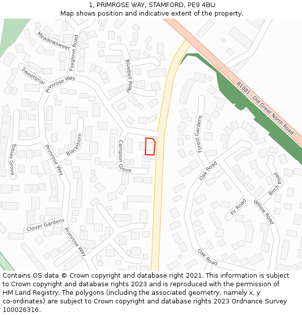 1, PRIMROSE WAY, STAMFORD, PE9 4BU: Location map and indicative extent of plot