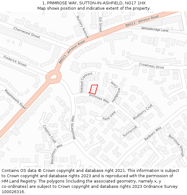 1, PRIMROSE WAY, SUTTON-IN-ASHFIELD, NG17 1HX: Location map and indicative extent of plot