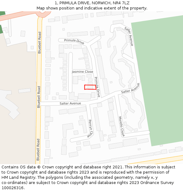 1, PRIMULA DRIVE, NORWICH, NR4 7LZ: Location map and indicative extent of plot