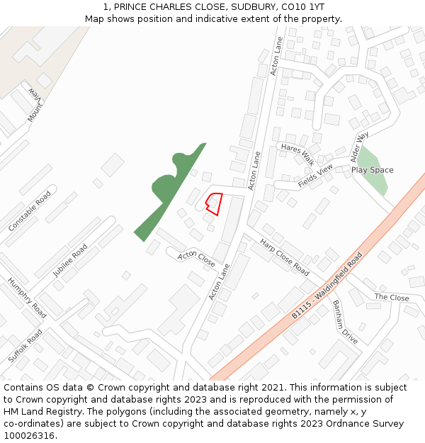 1, PRINCE CHARLES CLOSE, SUDBURY, CO10 1YT: Location map and indicative extent of plot