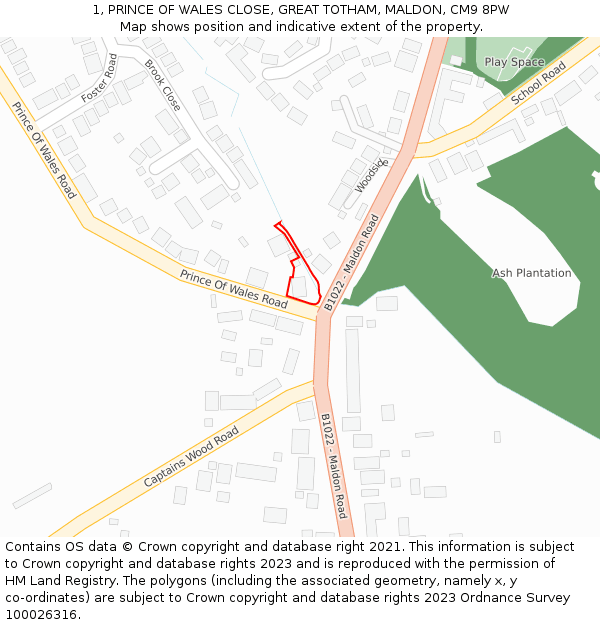 1, PRINCE OF WALES CLOSE, GREAT TOTHAM, MALDON, CM9 8PW: Location map and indicative extent of plot