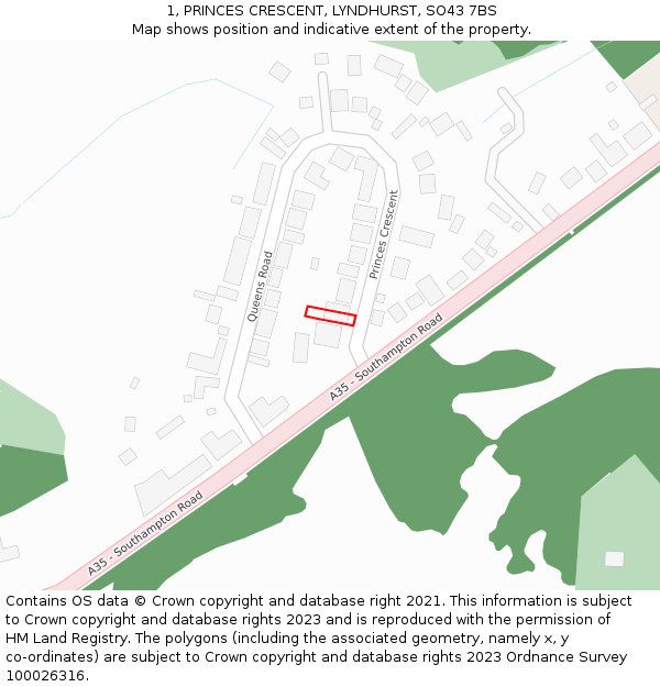 1, PRINCES CRESCENT, LYNDHURST, SO43 7BS: Location map and indicative extent of plot