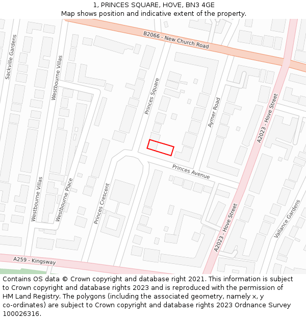 1, PRINCES SQUARE, HOVE, BN3 4GE: Location map and indicative extent of plot