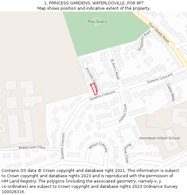 1, PRINCESS GARDENS, WATERLOOVILLE, PO8 9PT: Location map and indicative extent of plot