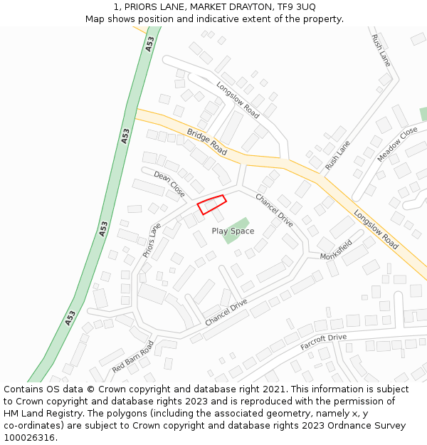 1, PRIORS LANE, MARKET DRAYTON, TF9 3UQ: Location map and indicative extent of plot