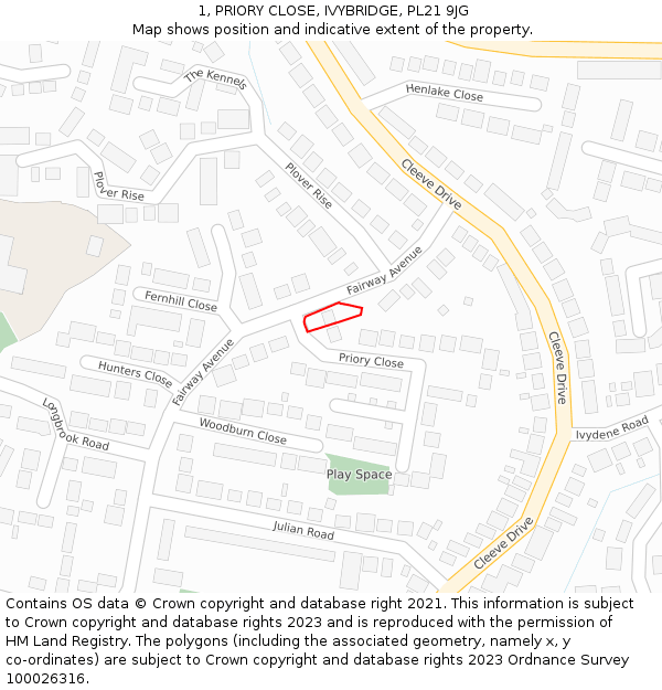 1, PRIORY CLOSE, IVYBRIDGE, PL21 9JG: Location map and indicative extent of plot