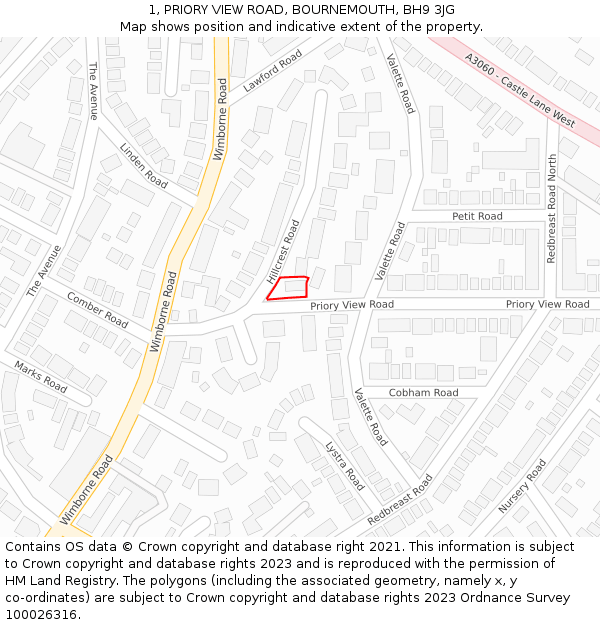 1, PRIORY VIEW ROAD, BOURNEMOUTH, BH9 3JG: Location map and indicative extent of plot