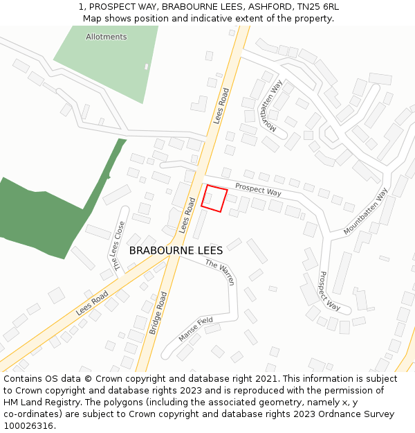 1, PROSPECT WAY, BRABOURNE LEES, ASHFORD, TN25 6RL: Location map and indicative extent of plot