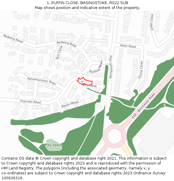 1, PUFFIN CLOSE, BASINGSTOKE, RG22 5UB: Location map and indicative extent of plot