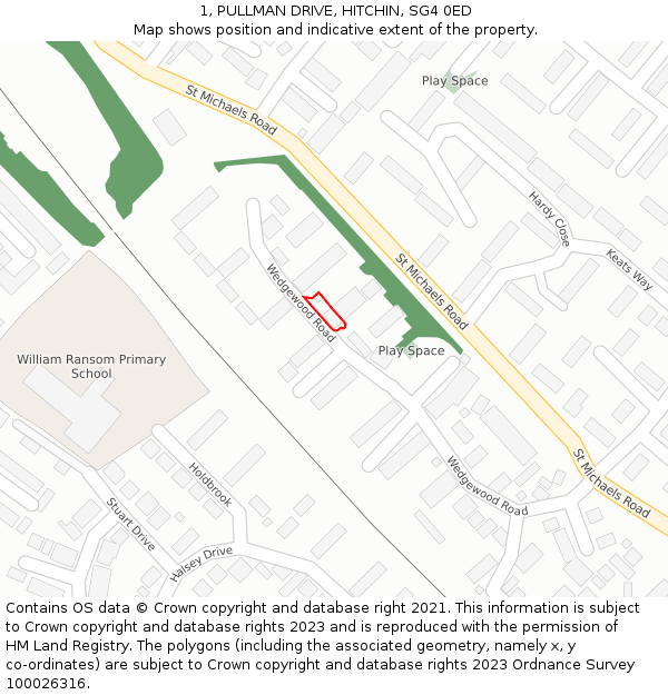 1, PULLMAN DRIVE, HITCHIN, SG4 0ED: Location map and indicative extent of plot