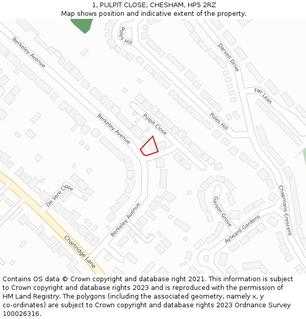 1, PULPIT CLOSE, CHESHAM, HP5 2RZ: Location map and indicative extent of plot