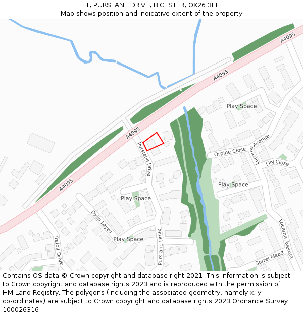 1, PURSLANE DRIVE, BICESTER, OX26 3EE: Location map and indicative extent of plot