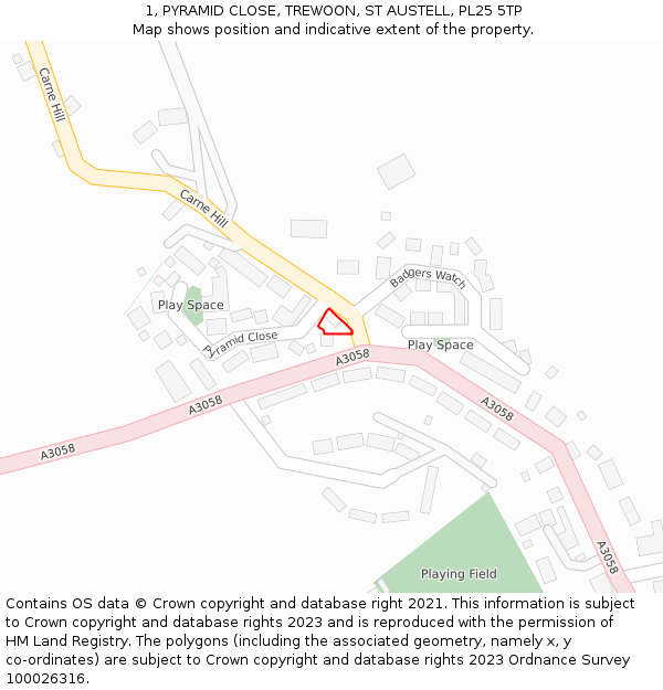 1, PYRAMID CLOSE, TREWOON, ST AUSTELL, PL25 5TP: Location map and indicative extent of plot