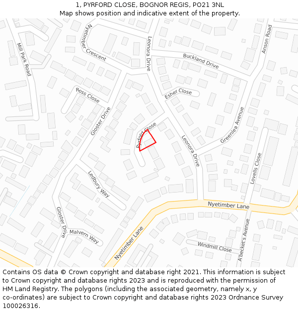 1, PYRFORD CLOSE, BOGNOR REGIS, PO21 3NL: Location map and indicative extent of plot