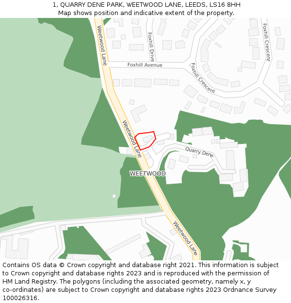 1, QUARRY DENE PARK, WEETWOOD LANE, LEEDS, LS16 8HH: Location map and indicative extent of plot