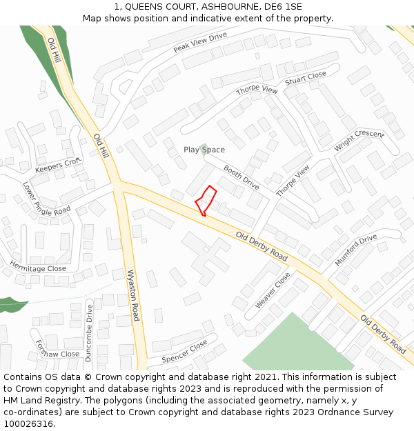 1, QUEENS COURT, ASHBOURNE, DE6 1SE: Location map and indicative extent of plot