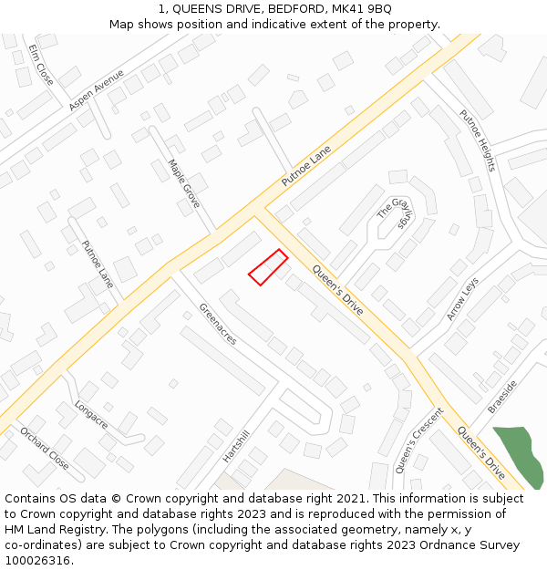 1, QUEENS DRIVE, BEDFORD, MK41 9BQ: Location map and indicative extent of plot