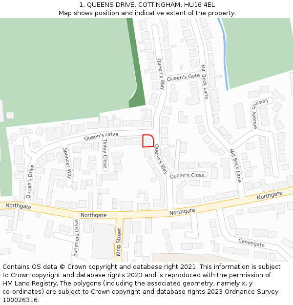 1, QUEENS DRIVE, COTTINGHAM, HU16 4EL: Location map and indicative extent of plot