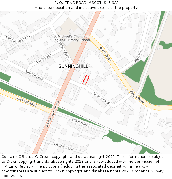 1, QUEENS ROAD, ASCOT, SL5 9AF: Location map and indicative extent of plot