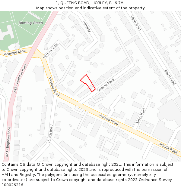 1, QUEENS ROAD, HORLEY, RH6 7AH: Location map and indicative extent of plot