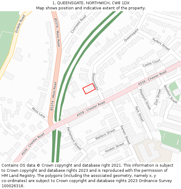 1, QUEENSGATE, NORTHWICH, CW8 1DX: Location map and indicative extent of plot